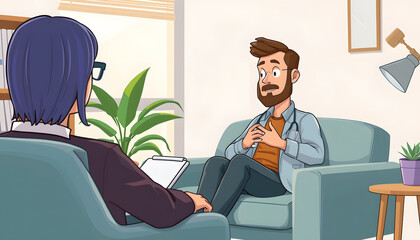 Man listening to advice of psychotherapist while sitting on sofa during his visit to psychologist office isolated with white highlights, png
