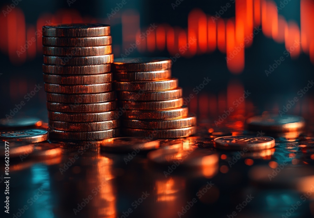 Poster stacks of gold coins with a blurred red background