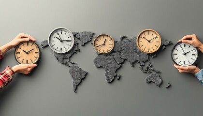 Hands holding clocks over a map, symbolizing global time zones and time management.