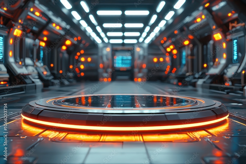Poster glowing circular platform in a futuristic corridor