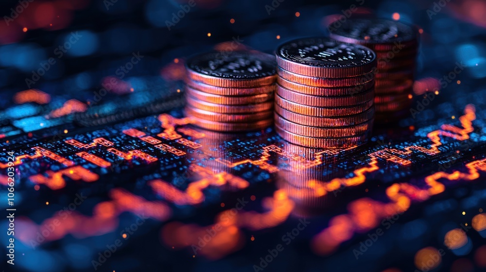 Poster stacks of coins on a circuit board with glowing orange and blue lights