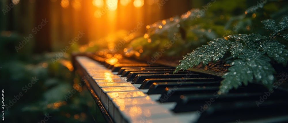 Poster a piano abandoned in the forest, sunbeams gleaming on its keys