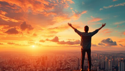 Fototapeta premium Person celebrating at sunset with arms raised over a city skyline.