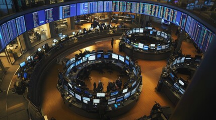 Obraz premium A high-angle view of a modern office space with multiple computer monitors displaying data and graphs.