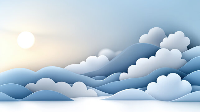 Tranquil blue sky with light clouds and soft rolling hills creates serene landscape. gentle curves and pastel colors evoke sense of calm and peace
