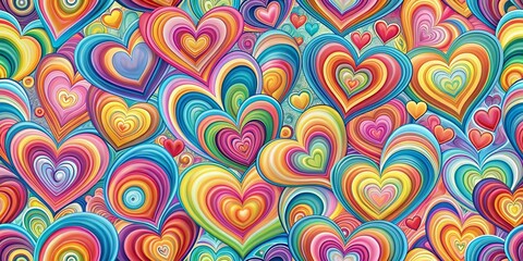A vibrant tapestry of multi-colored hearts, each a swirl of concentric rings, creating a mesmerizing visual symphony of love and joy.