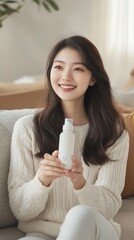 A young Asian woman on a couch smiles softly while holding an air freshener