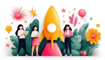 Three women with a rocket, vibrant colors, creative concept, imaginative teamwork.