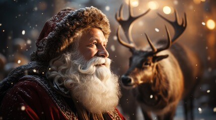 Obraz premium Santa Claus sitting on Christmas sleigh with reindeer