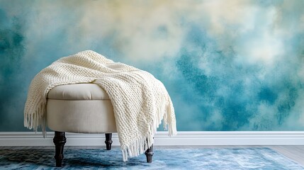 Watercolor Artistic using soft, brushy watercolor strokes, Single object picture - a soft woven blanket resting on a small ottoman