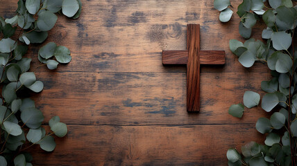 fondo de un muro de madera con una cruz de madera catolica cristiana con flores o ramas de eucalipto concepto de religion y diseño fondo de fe y esperanza con espacio de copia