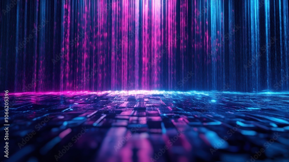 Poster abstract digital background with neon lights and geometric floor