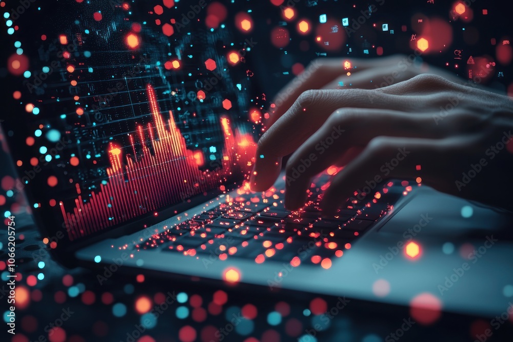 Poster Hands Typing on a Laptop with Red and Blue Bokeh Lights