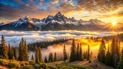Obraz premium Golden Hour Embrace Mountain Peaks Bathed in Sunrise Light, Enveloped by a Sea of Clouds