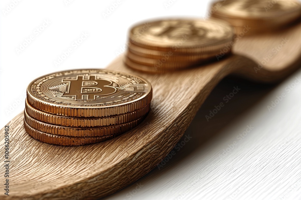 Poster stack of shiny gold bitcoin cryptocurrency coins on a wooden surface