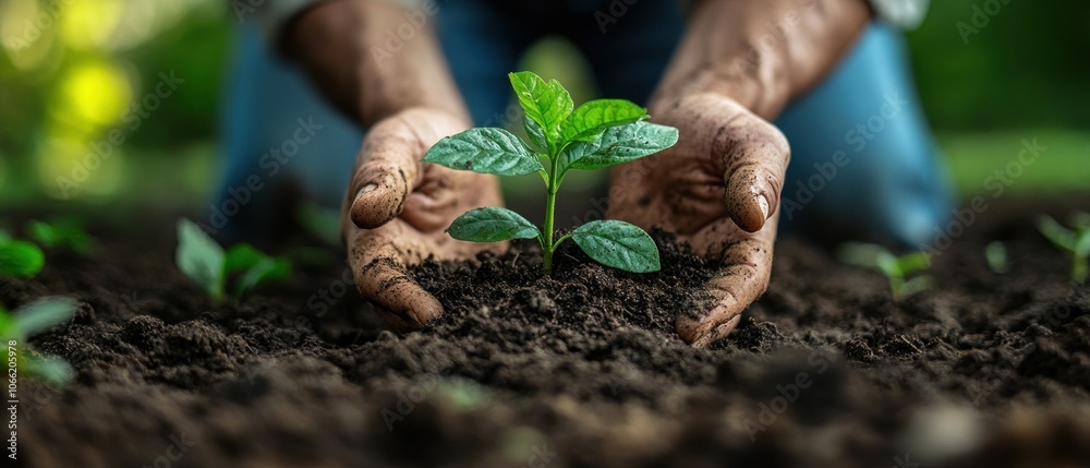 Aufkleber hands protecting a delicate green sprout emerging from dark soil