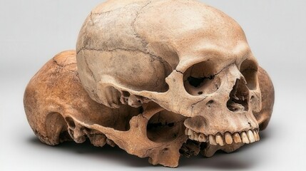 Human Skull Anatomy   Two Skulls Piled Together  Close Up