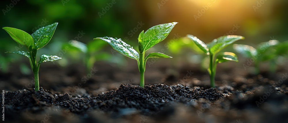 Aufkleber dew-covered seedlings emerging from rich soil in warm sunlight