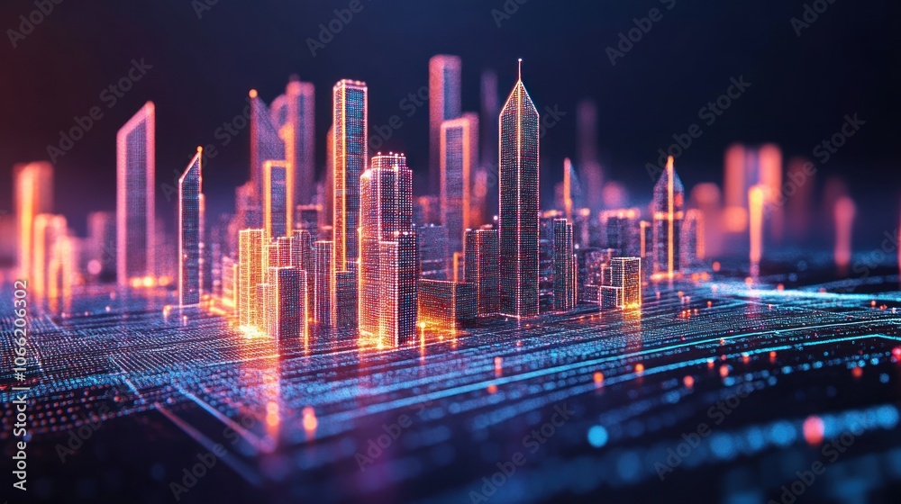 Poster a digital cityscape rendered with illuminated pixels
