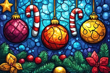 Obraz premium Festive Christmas Baubles, Candy Canes, and Poinsettias. Generative AI.