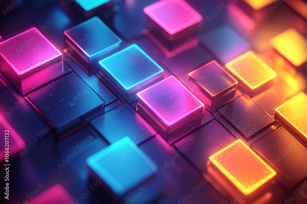 Poster neon-lit cubes in a geometric pattern