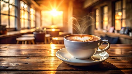 Obraz premium A steaming cup of coffee, adorned with a heart-shaped design, sits on a wooden table, bathed in the warm glow of a sun-drenched cafe.