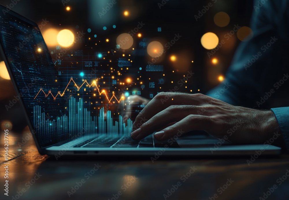 Poster Hands Typing on Laptop with Upward Trend Chart and Data Visualizations