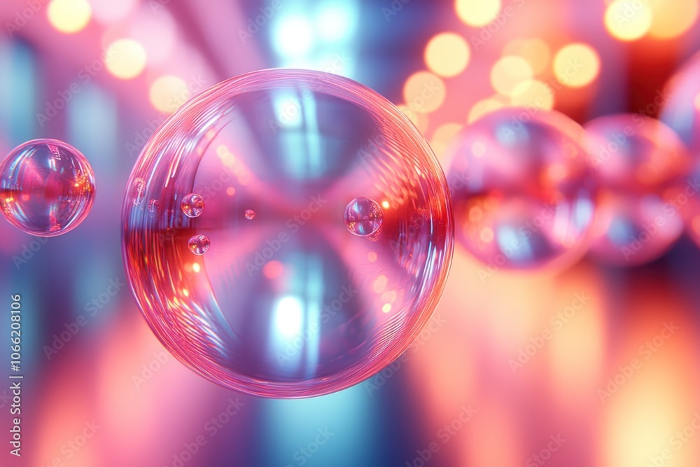 Poster a large, transparent orb with a pink hue and smaller orbs in a colorful, blurred background.