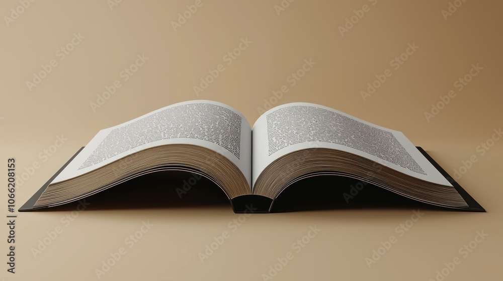 Poster an open book with black cover on a tan background