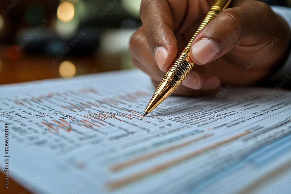 Aufkleber hand holding a gold pen over a document with lines and numbers