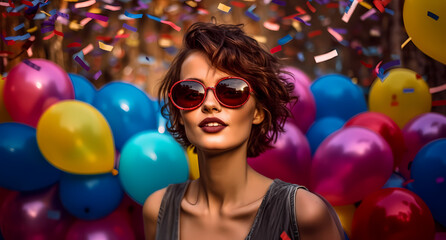 Woman wearing sunglasses and red lipstick near colorful balloons., girl with balloons