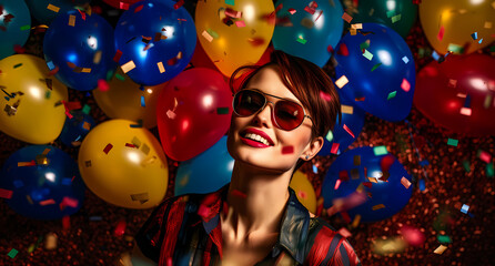 happy Woman wearing sunglasses and red lipstick near colorful balloons.