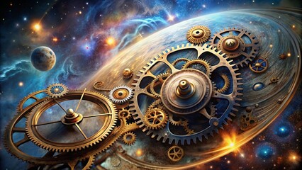 A Celestial Clockwork, Where Planets Spin and Gears Interlock, Guided by the Cosmic Symphony of Stars