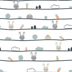 Seamless pattern with cute rabbit, carrot and forest. Cartoon animal design for kids. Use for fabric, prints, wallpaper, nursery, stationery, wrapping