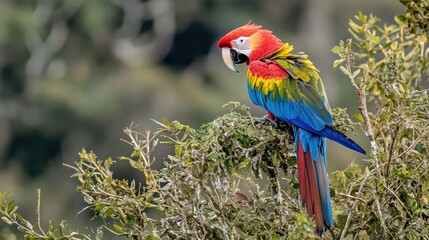 Scarlet Macaw Perched on a Branch in a Lush Green Forest
