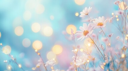 Fototapeta premium Beautiful spring flowers on a pastel blue background with bokeh lights, a banner design