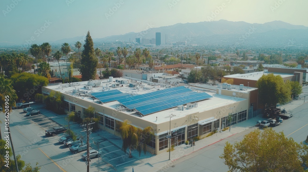 Poster aerial view of a building with solar panels on the roof in a city with mountainous background