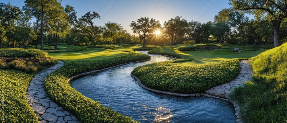 Poster winding stream through lush greenery and stone path at sunset