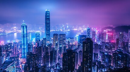 Obraz premium Nighttime Skyline of Hong Kong with Illuminated Buildings