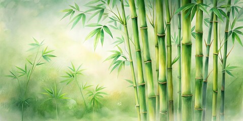 Obraz premium A Watercolor Depiction of Lush Green Bamboo Stalks, Rising from a Hazy Background, Evoking Tranquility and Nature's Serenity