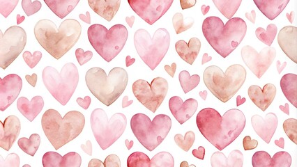 Fototapeta premium A whimsical pattern of delicate watercolor hearts in shades of pink and beige, creating a captivating tapestry of love and affection.
