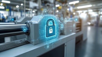 A concept of securing industrial automation, featuring a digital lock overlaid on automated machinery, surrounded by icons of cybersecurity best practices such as safe data handling and network segmen