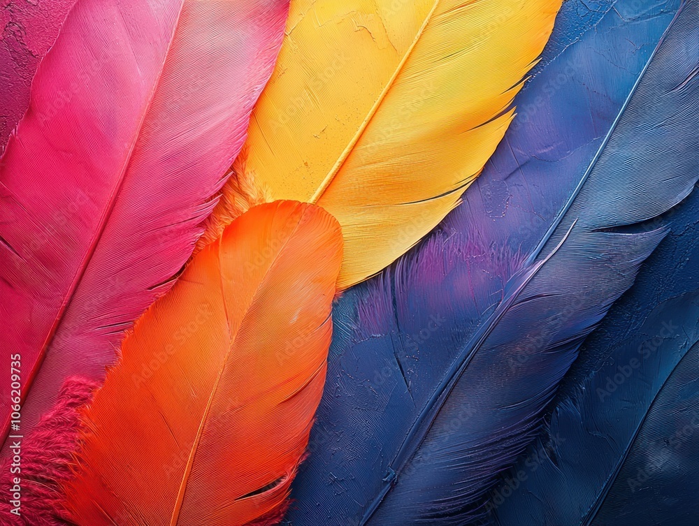 Poster a close-up of four colorful bird feathers