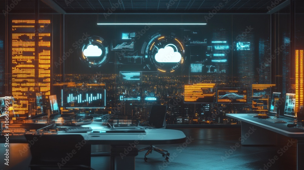 Poster Modern Office with Cityscape View and Futuristic Cloud Computing Interface