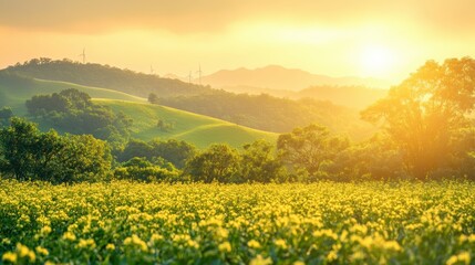 A conceptual cityscape using carbon-free energy, with renewable energy sources like wind and solar, and electric cars moving around in harmony with nature