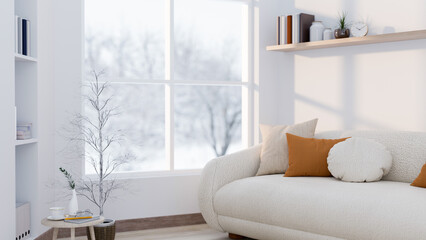 A modern living room features a sofa by the window, offering a winter view and stylish home decor.