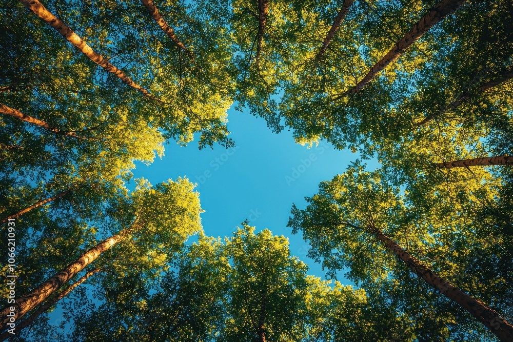 Poster a view upward through the canopy of a lush forest
