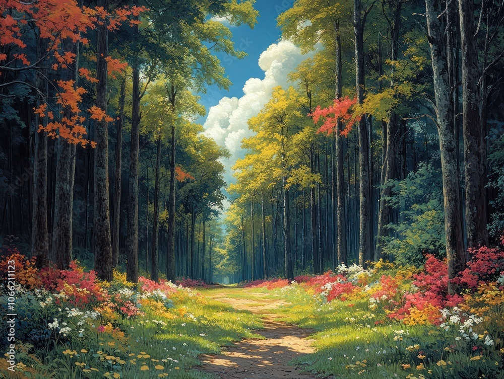 Poster a sunlit path through a colorful forest