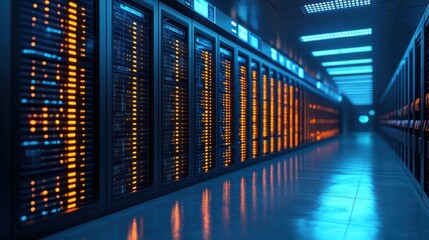 Modern Data Center Hallway with Rows of Servers and Glowing Orange Lights, Symbolizing Advanced Data Storage, Cloud Computing, Digital Infrastructure, and High-Tech Information Management