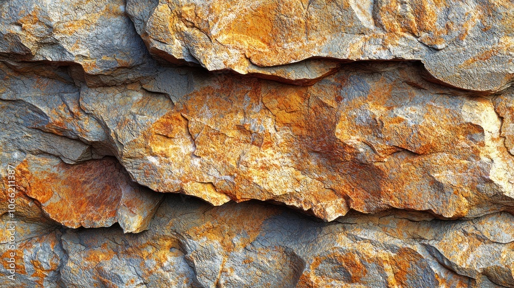 Poster close-up of rugged, multicolored rock formation with deep cracks and crevices